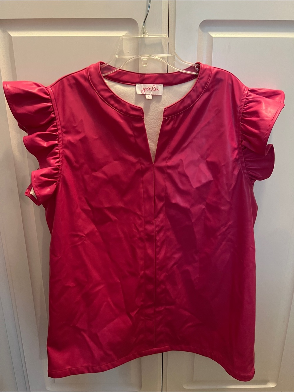 Jess Lea Faux Leather Ruffle Sleeve Top in Magenta
